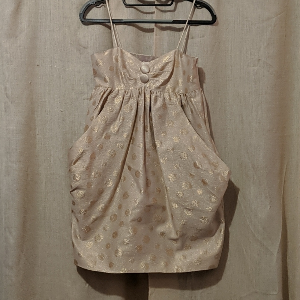 Gold polka dot brocade dress with pockets